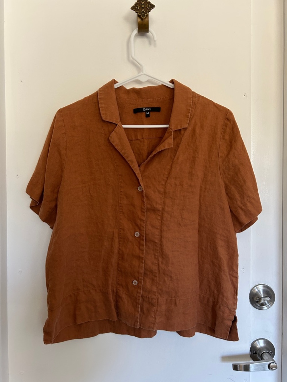 Quince Women's Short-Sleeve Button-Down Shirt in orange rust